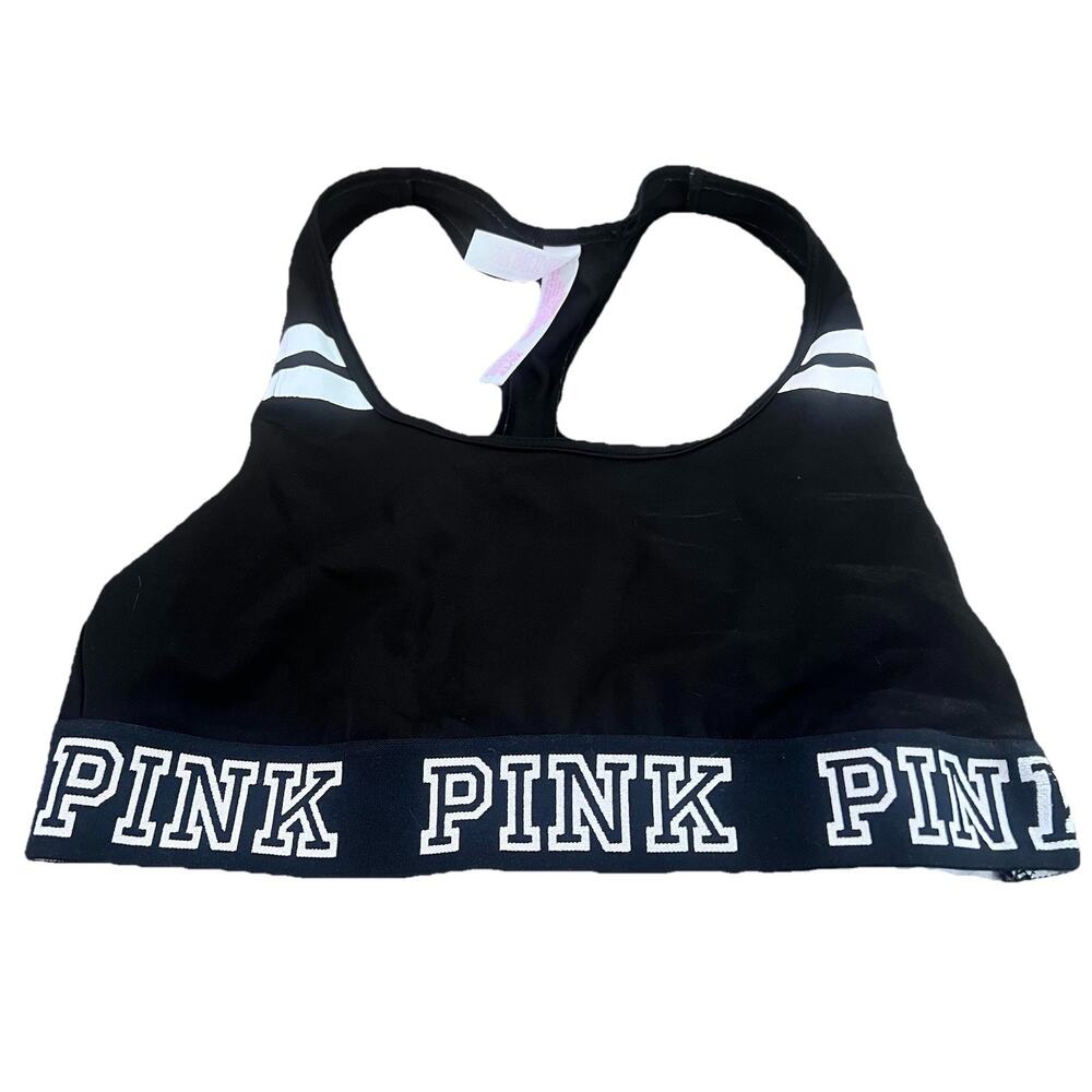 Victoria's Secret PINK Logo Sports Bra Crop Haut Court Racerback Black Sz Small